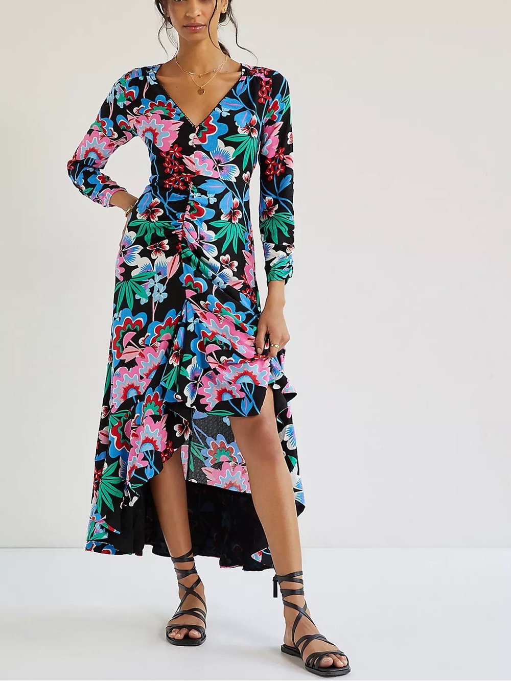 Anthropologie Maeve Ruched Floral Maxi Dress High Low Asymmetric Ruffle